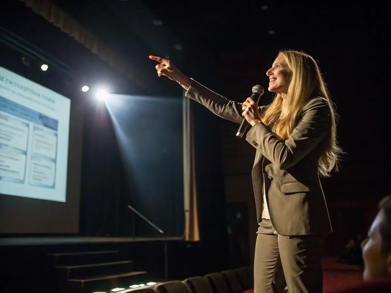 A speaker presenting on stage at a beauty industry conference, sharing expert knowledge and insights with an engaged audience.