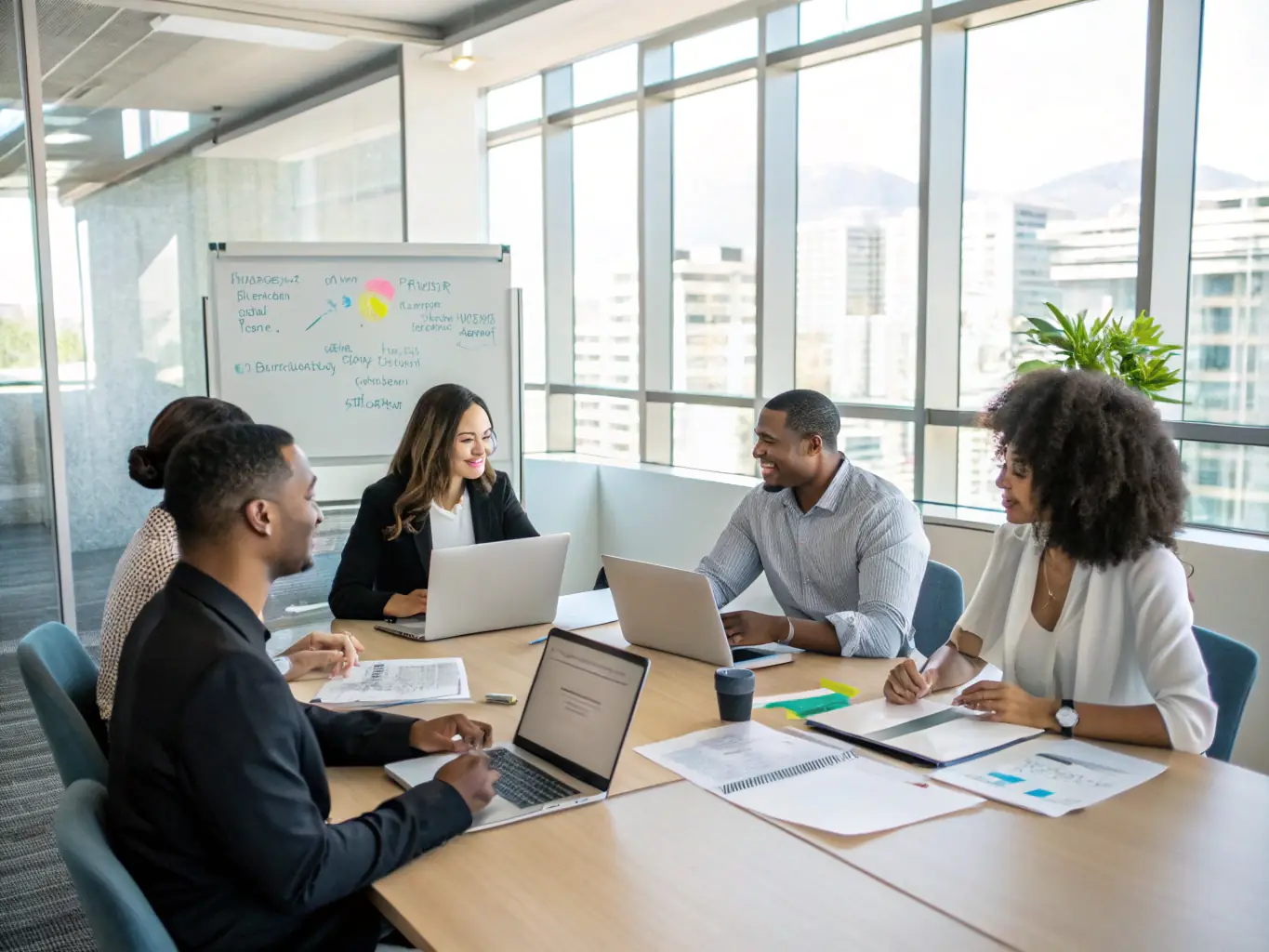 A professional image of a diverse team collaborating in a modern office setting, representing The Beauty Database's staffing and recruiting expertise in the beauty industry.