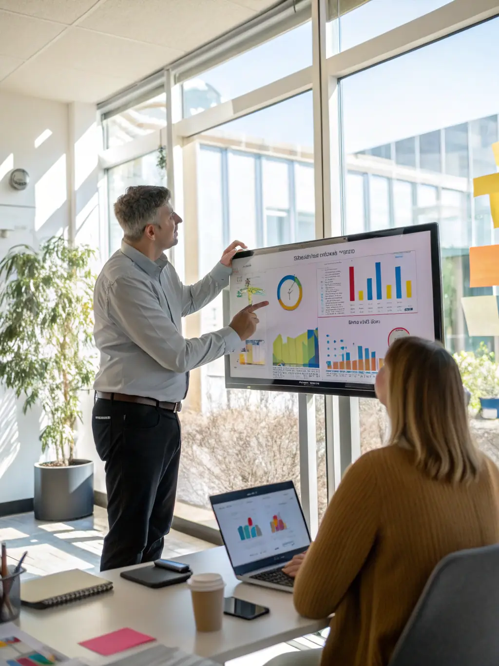 An image of a consultant presenting data and strategies to a client in a modern conference room.