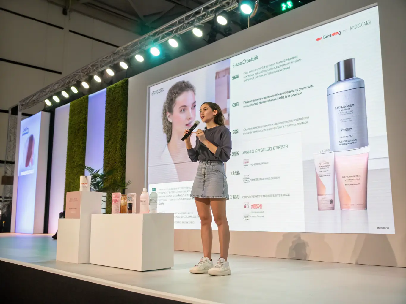 A beauty product demonstration taking place at an industry event, highlighting the latest innovations and technologies in the beauty sector.