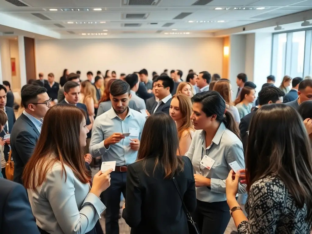 A group of beauty industry professionals actively networking and exchanging business cards at a bustling industry conference, showcasing the importance of face-to-face connections.