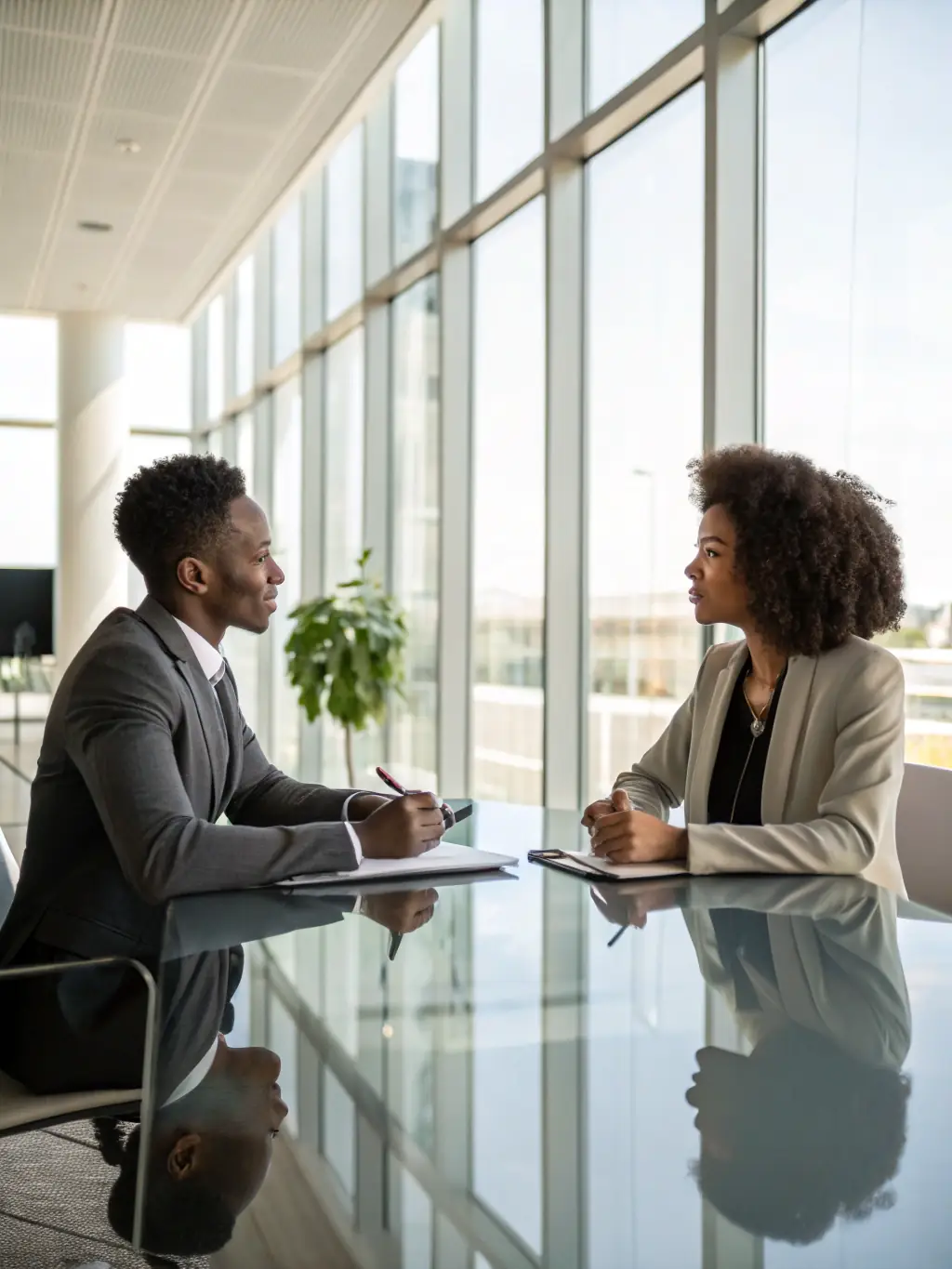 An image showing a professional interview in a stylish office environment, representing staffing and placement services.